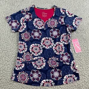 Premiere by Healing Hands Scrub Top Navy Paisley Women's Small Button Y-Neck